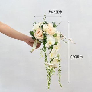 Bó hoa tròn hàn quốc cầm tay cho cô dâu từ hoa sáp, hoa lụa, hoa cao su dáng thác đổ nhẹ nhàng kt 50*25*25 cm