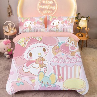 SQ2 Sanrio Kuromi Melody Cinnamoroll 3in1 Bộ chăn ga gối ga trải giường Vỏ chăn phòng ngủ Bộ đồ giặt QS2