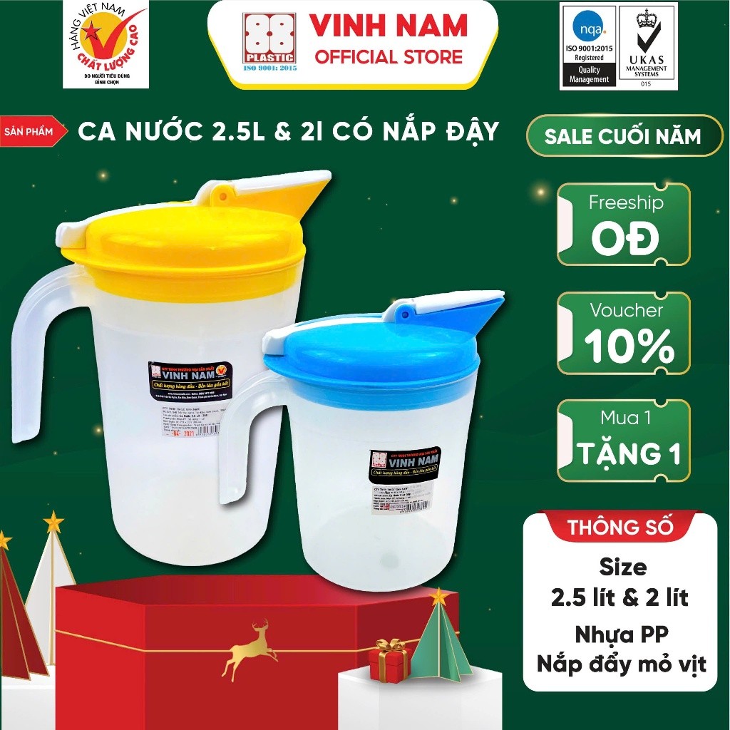 Ca Nhựa Có Nắp Cao Cấp Vinh Nam Plastic Nhựa Nguyên Sinh An Toàn Chắc Chắn Size 2L 2.5L Mã 388 389