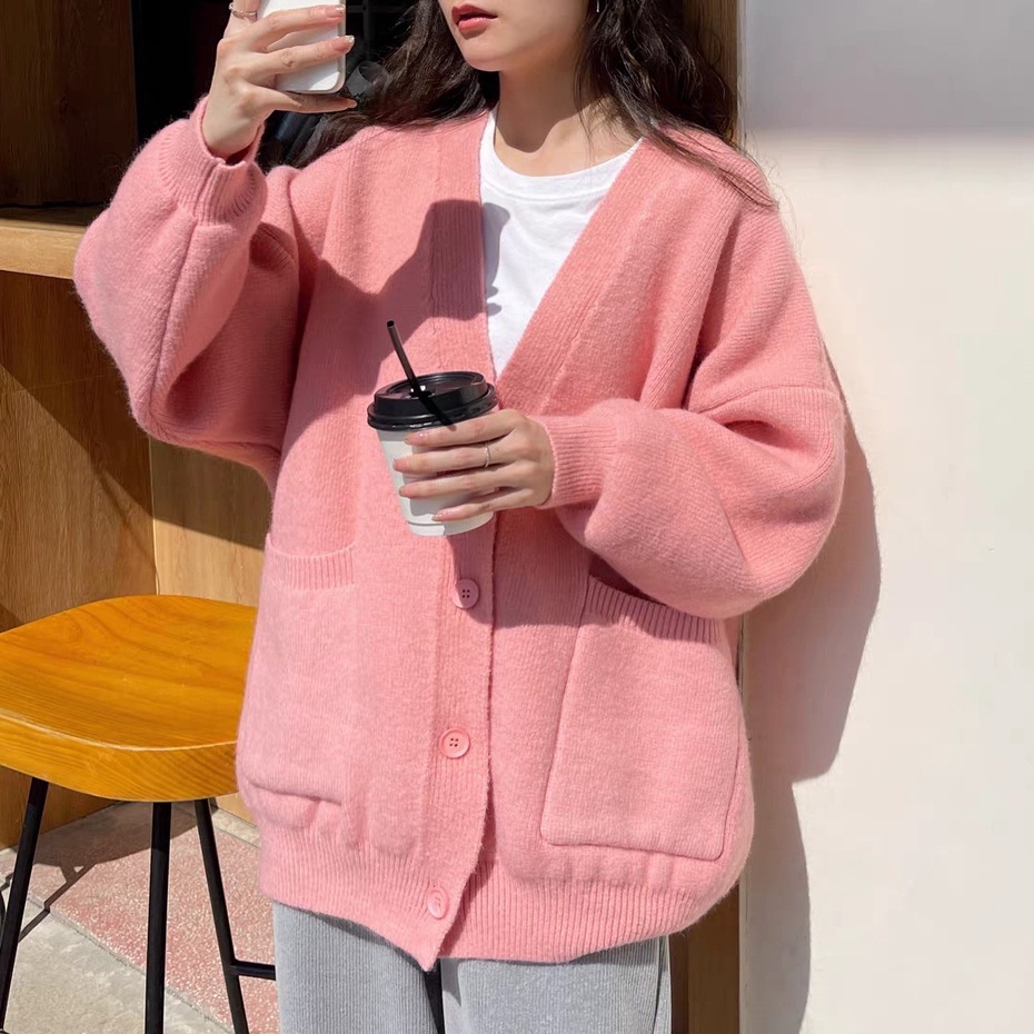 Áo Khoác cardigan Dệt Kim Dáng Rộng Cổ Chữ v Thời Trang Thu Đông Hàn Quốc Mới áo sweater áo len nữ