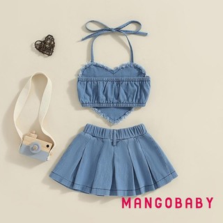 Mgg-toddler Girls 2 Bộ Trang Phục Denim Không Tay Dây Cổ Trái Tim + Bộ Váy Xếp Ly Quần Áo Trẻ Em