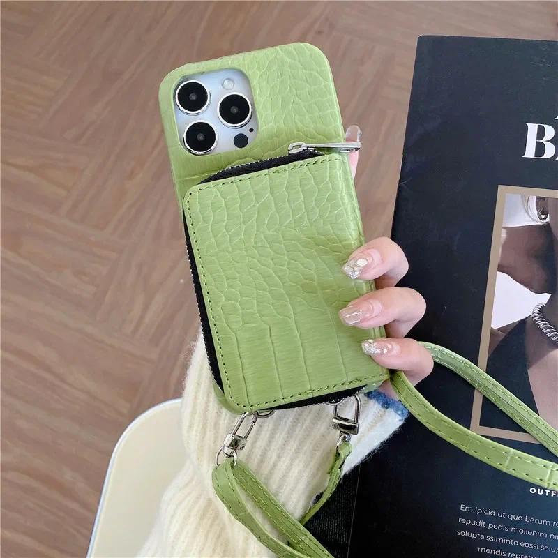 Ốp Điện Thoại Da Cá Sấu Đeo Ngang Cho IPhone 13 12 Mini 16 15 Plus 14 11 Pro Max XS XR Ví Dây Kéo Có Vỏ Đựng Thẻ