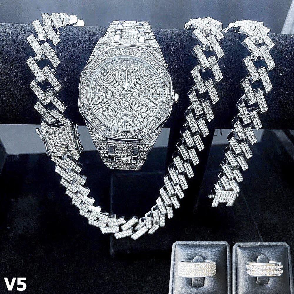 (COMBO 5 MÓN) Đồng hồ, dây chuyền, lắc tay và 2 nhẫn đính đá zircon bản V3 2024