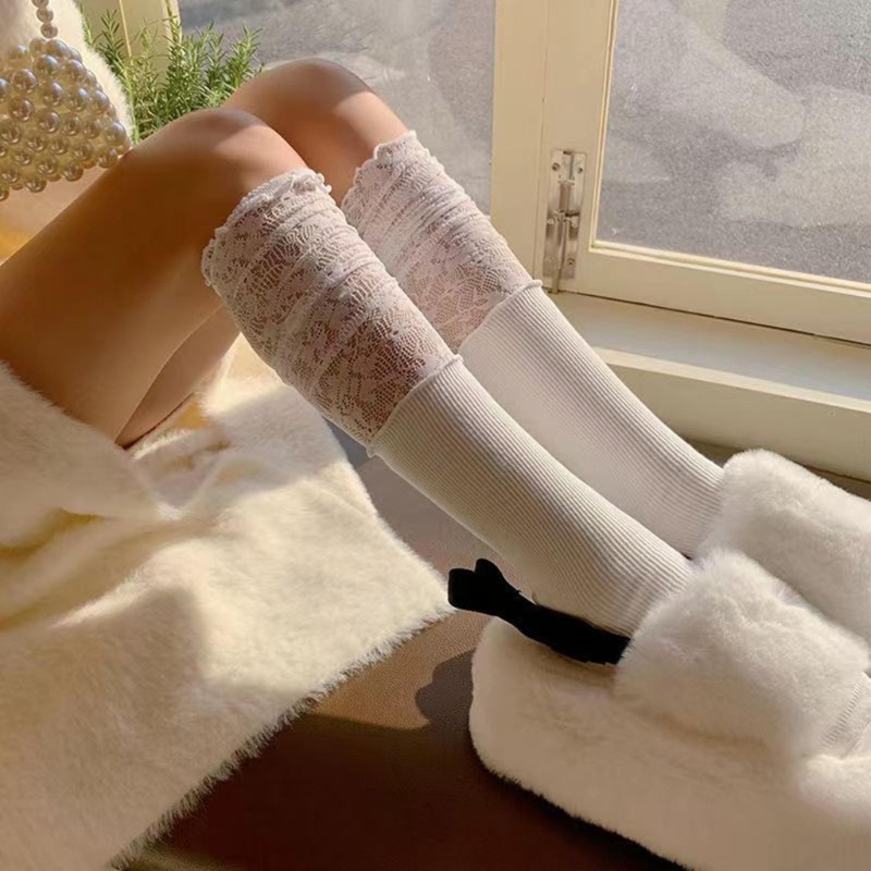 Vua Nữ Trên Bê Ruffle Frilly Boot Tất Ren Chắp Vá Gân Tất Đầu Gối