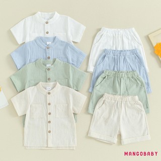 Mgg-kids Bé Trai Trang Phục Vải Lanh Mùa Hè Nút Màu Trơn Áo Tay Ngắn Và Quần Short Eo Co Giãn 2 Bộ Quần Áo