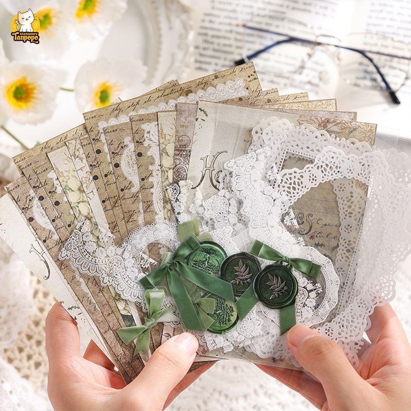 Set 40 sticker trong suốt mix giấy nền ren nơ dấu sáp khung vintage cổ ...