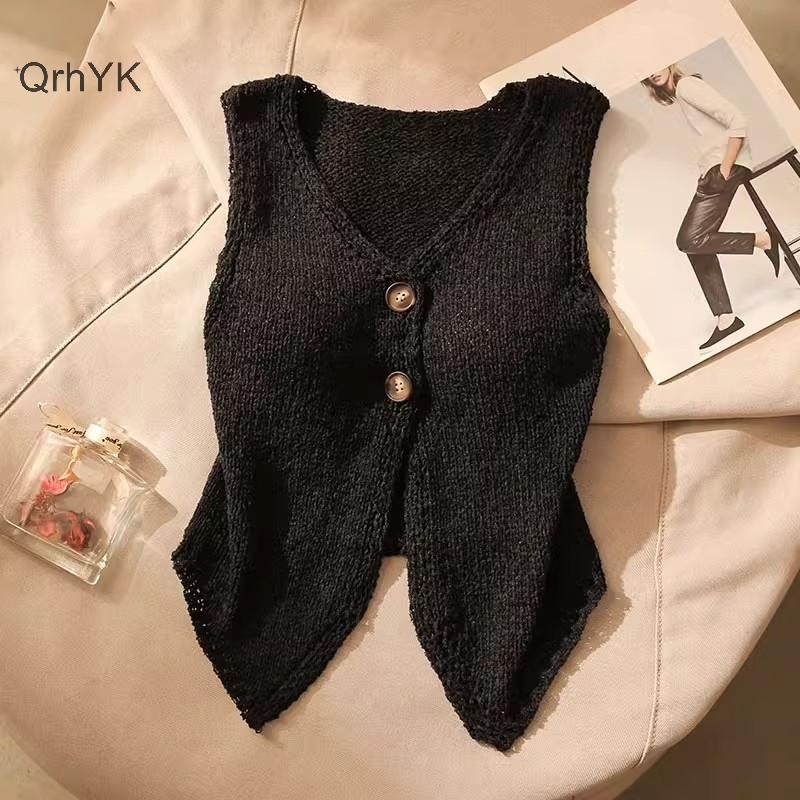 Nhà Máy Thời Trang Mùa Hè Nữ Thời Trang Màu Trơn Sang Trọng Nút Cổ Chữ V Không Tay Dệt Kim Camisole QrhYK