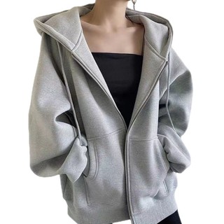 Áo khóa nỉ hoodie dày màu xám form rộng