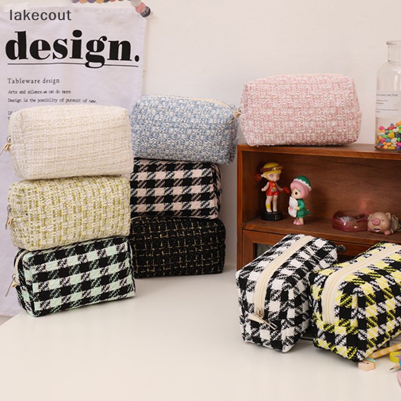Lat Túi Đựng Mỹ Phẩm / Đồ Trang Điểm / Bút Chì Kẻ Sọc Caro Màu Đen Bằng Vải canvas Dễ Thương Dùng Khi Đi Du Lịch