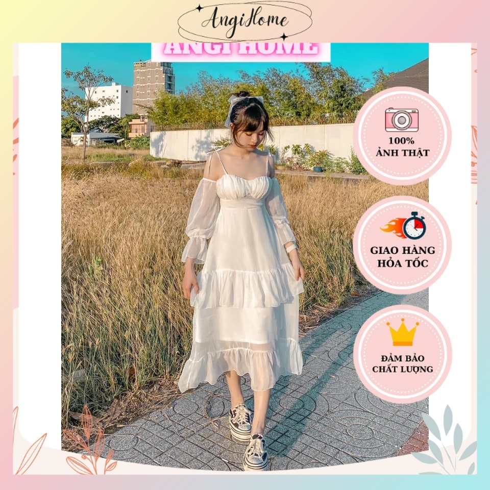 VÁY TRẮNG MIDI 2 DÂY TAY DÀI PHỐI VOAN CÚP NGỰC ANGIHOME