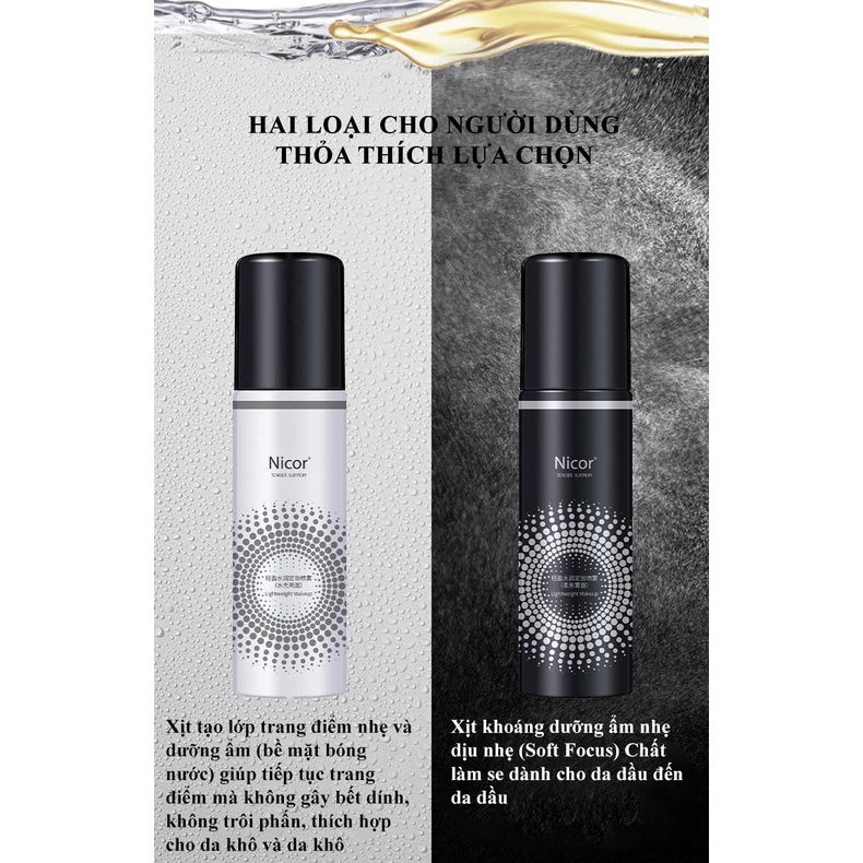 Xịt khóa trang điểm cố định lớp make up 12 giờ NICOR/ADAD 100ml căng bóng lâu trôi cấp nước kiềm dầu A49