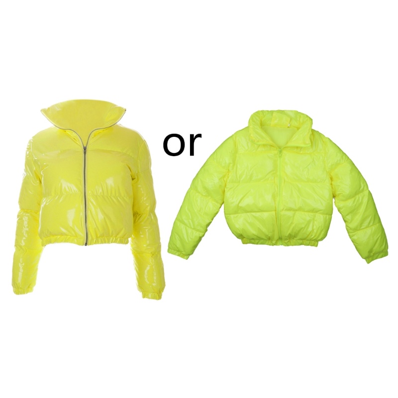 Áo khoác parka bọc kim loại giả da sáng bóng, tay dài, cổ đứng, thiết kếcrop