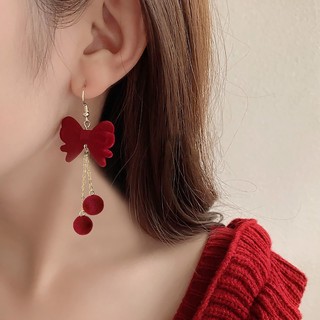 Bông Tai Dáng Dài Đính Nơ Phối Tua Rua Phong Cách Pháp Cổ Điển Sang Trọng