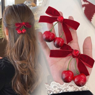 Mới Kẹp Tóc Vải Nhung Đính Nơ Họa Tiết cherry Thời Trang Mùa Đông