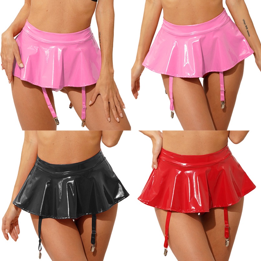 Nữ Bằng Sáng Chế Da Ruffle Váy Màu Trơn Tích Hợp Thôngs Garter Thắt Lưng Kim Loại Kẹp Váy Mini Đảng Clubwear