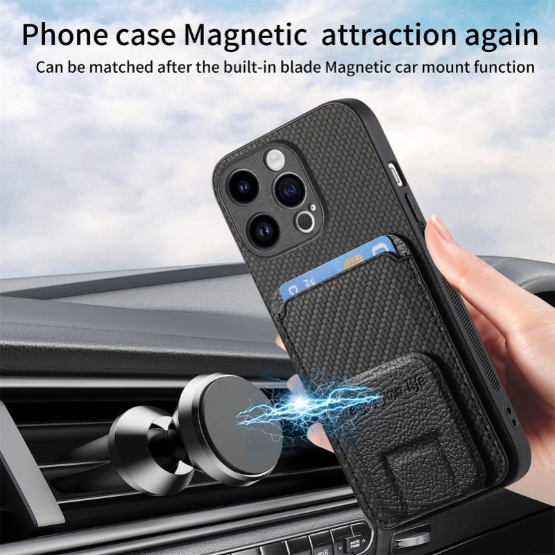 Ốp điện thoại ví da bằng sợi Carbon cho IPhone 16 15 14 13 12 11 Pro Max XSMAX Plus Giá đỡ gấp có nắp đựng thẻ