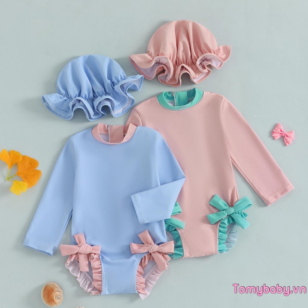Bé Gái Rash Guard Đồ Bơi Mùa Hè Dài Tay In Nơ Bộ Đồ Tắm Có Mũ Chống Nắng