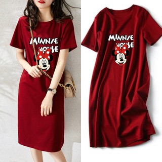 Đầm Thun midi Tay Ngắn Cổ Tròn In Hình Chuột mickey Thời Trang Mùa Hè 2023