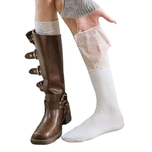 Woke Nữ Ngọt Ngào Ren Chắp Vá Ruffle Bắp Chân Tất Màu Trơn Ống Dài Boot Tất