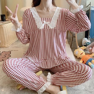 Bộ đồ mặc nhà dài tay co giãn mềm mại dành cho nữ, đồ ngủ nơ dễ thương