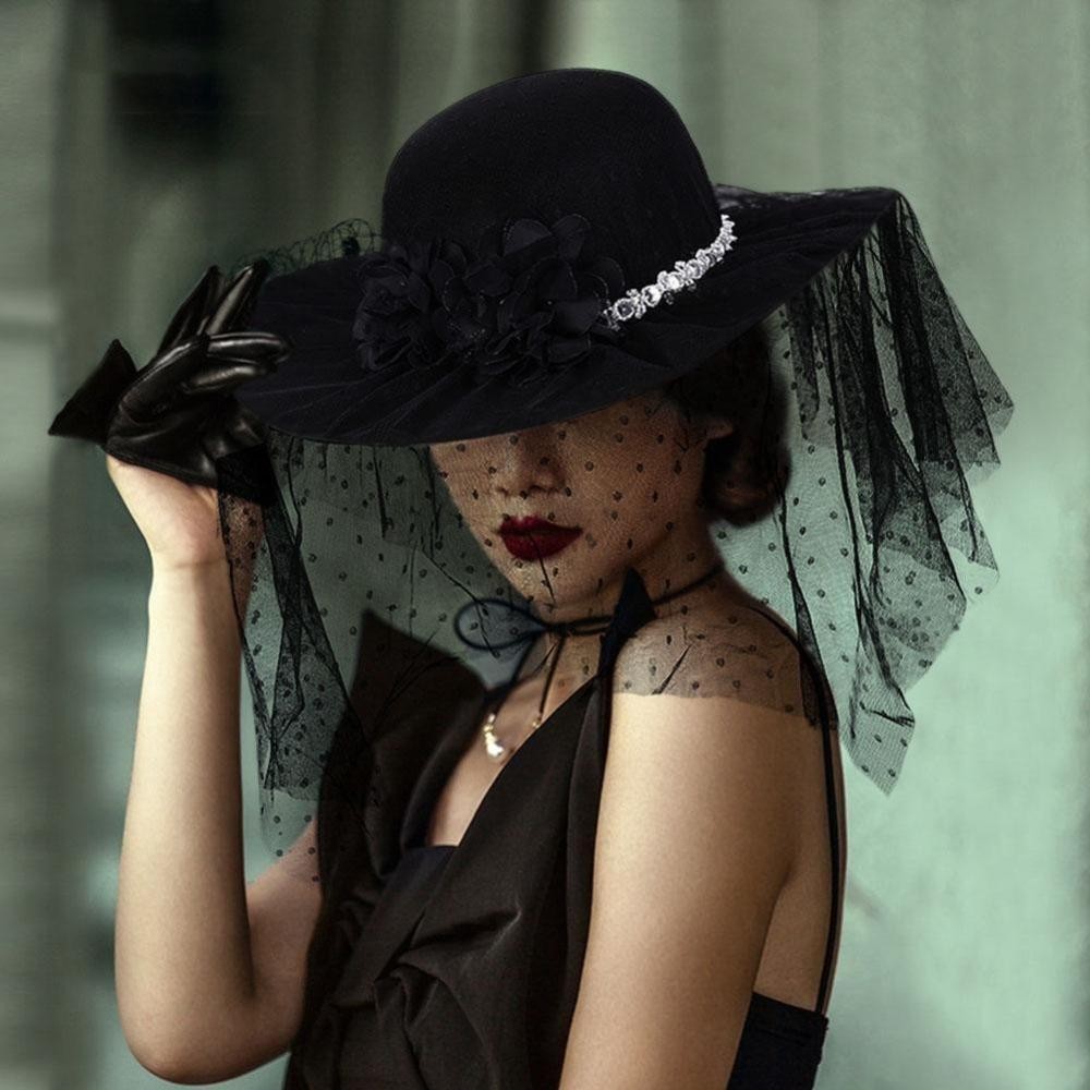 Mũ lưới Sombrero MERIGGIARE, Vintage với mũ che mặt hoa, Tiệc trà Cocktail Fedoras nỉ