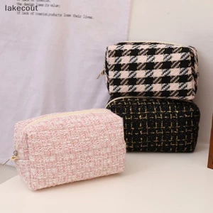 Lat Túi Đựng Mỹ Phẩm / Đồ Trang Điểm / Bút Chì Kẻ Sọc Caro Màu Đen Bằng Vải canvas Dễ Thương Dùng Khi Đi Du Lịch