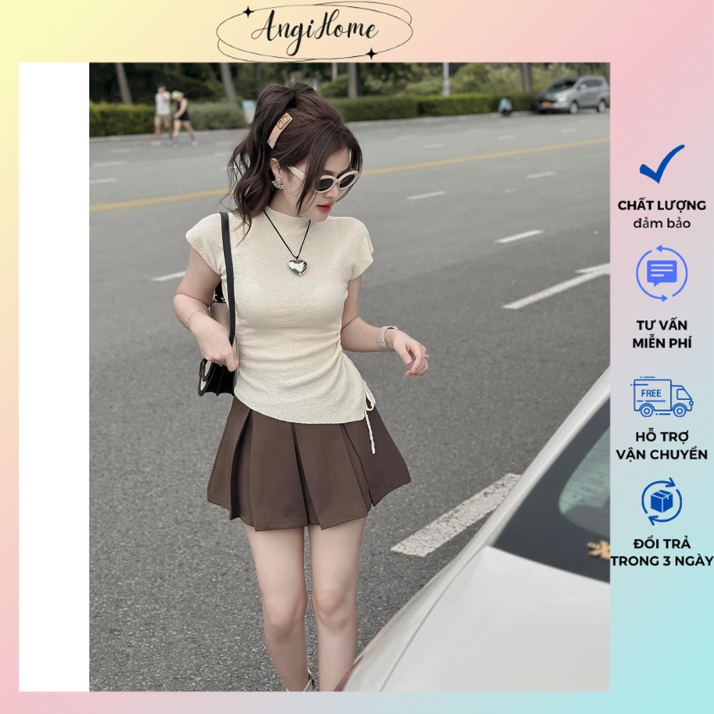 SET ÁO THUN LEN CỔ CAO TAY CỘC RÚT DÂY LỆCH TÀ + CHÂN VÁY XẾP LY 2 MÀU ANGIHOME