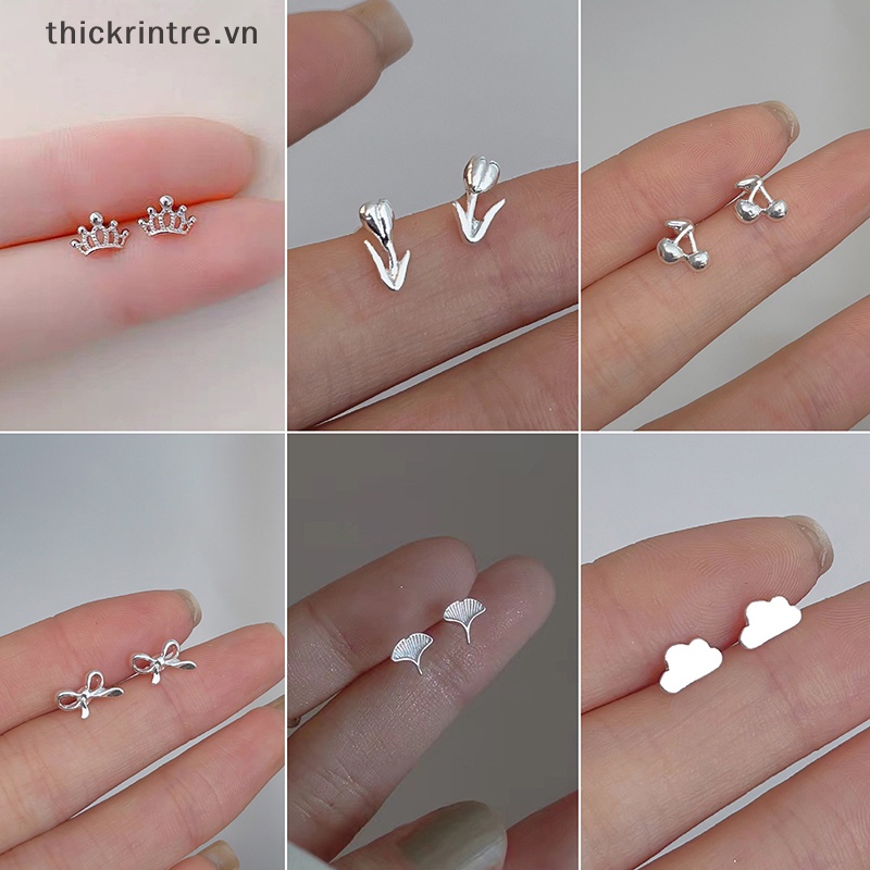 Bông Tai Bạc Tối Giản Nữ, Cặp Nhỏ Hình Anh Đào & Trái Tim Tình Yêu, Quà Tặng VN