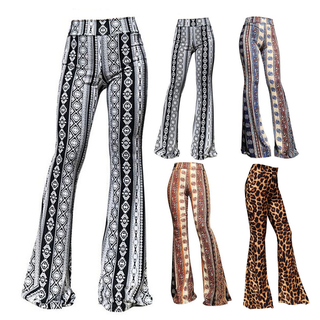 Fairystore| Mềm Quần Dài Lưng Cao Co Giãn Ống Loe In Họa Tiết Da Báo Phong Cách vintage Thập Niên 70