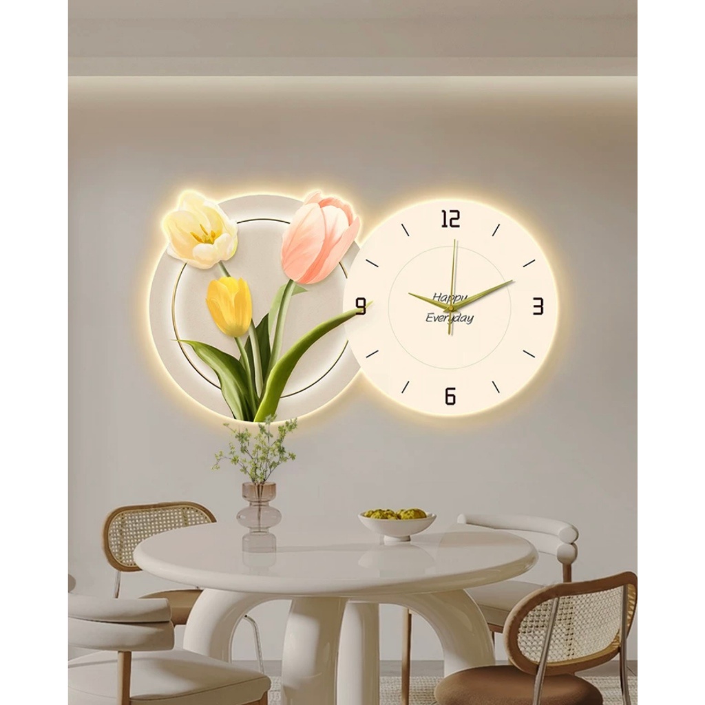 Tranh Đồng Hồ 3D LED Hoa Tulips Treo Phòng Khách, Phòng Phủ, Quán cafe, Nhà Trẻ, Quà Tặng Người Thân