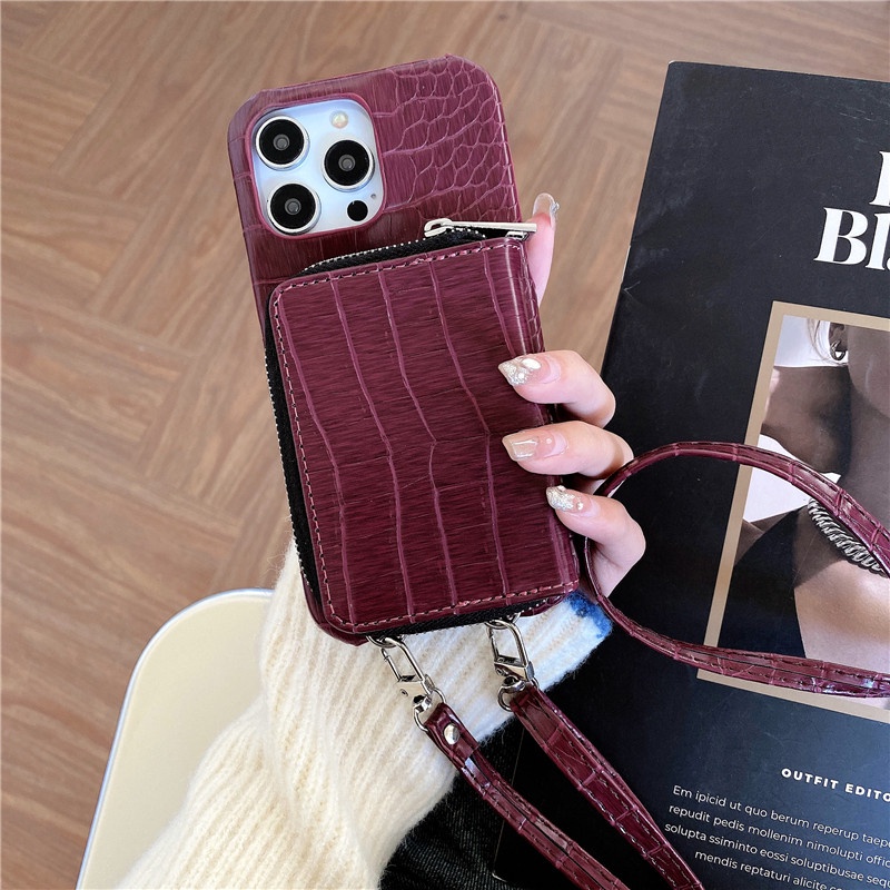 Ốp Điện Thoại Da Cá Sấu Đeo Ngang Cho IPhone 13 12 Mini 16 15 Plus 14 11 Pro Max XS XR Ví Dây Kéo Có Vỏ Đựng Thẻ