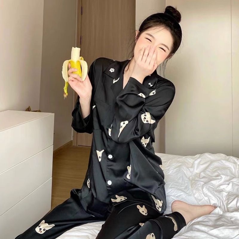 Bộ Đồ Ngủ Vải Lụa Satin Màu Xanh Dương In Hình Chú Chó Sang Trọng Cho Nữ