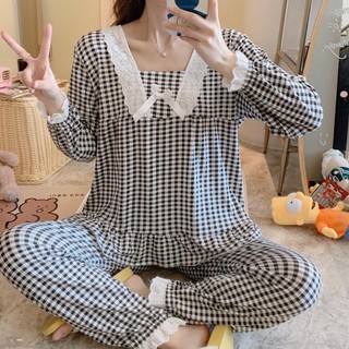 Bộ đồ mặc nhà dài tay co giãn mềm mại dành cho nữ, đồ ngủ nơ dễ thương