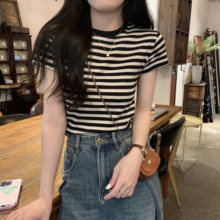 Áo thun nữ ngắn tay sọc đen hồng vải cotton co giãn, vai trước, mùa hè