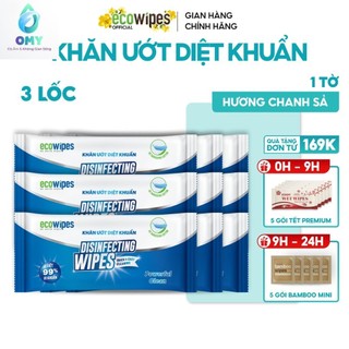 Combo 03 lốc 60 cái khăn ướt diệt khuẩn cao cấp Disinfecting Wipes gói 1 tờ diệt 99,9% vi khuẩn