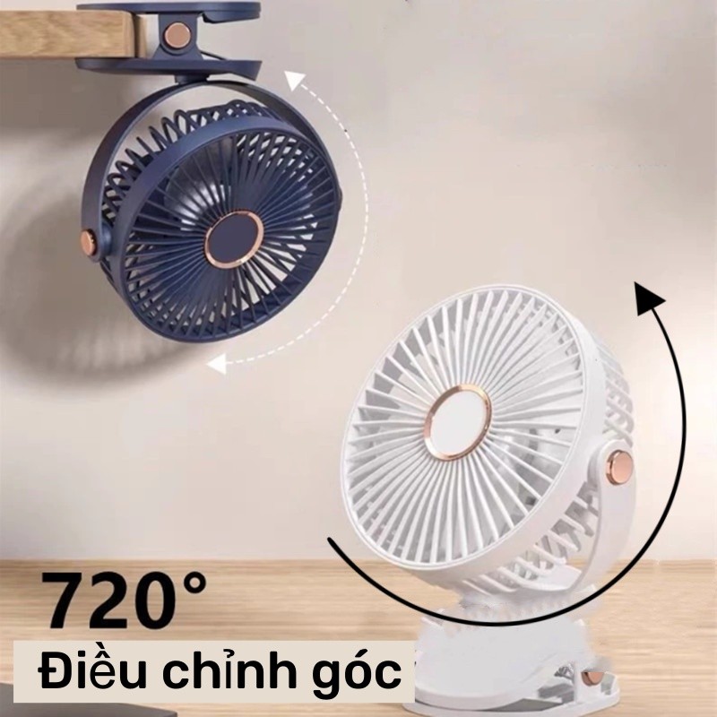 Quạt mini sạc điện 12000 MAH quạt kẹp,Quạt máy tính để bàn, Điều chỉnh tốc độ 5 tốc độ xoay 720°,Sạc Type C + Có đèn