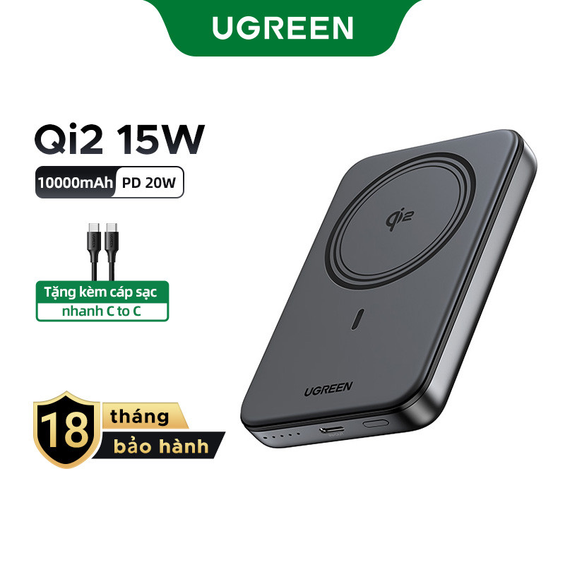 Bộ sạc không dây từ tính UGREEN Qi2 15W 10000mAh|dành cho iPhone 16 Pro Max