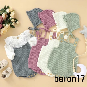 Set đồ 2 món gồm áo liền quần dệt kim cài khuy + mũ thun màu trơn cho bé