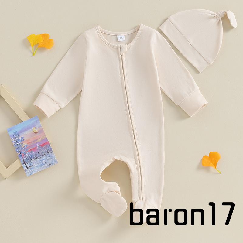 Set Đồ 2 Món Gồm Áo Liền Quần Tay Dài Cổ Tròn Có Khóa Kéo + Mũ Màu Trơn Cho Bé Trai + Gái