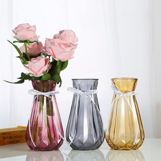Lọ hoa thuỷ tinh đa giác kèm nơ bình hoa cao cấp cổ nhỏ decor xinh xắn trang trí phòng khách bàn làm việc Myd.23