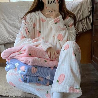 Bộ đồ ngủ màu đào dễ thương Bộ đồ ngủ nhung dày dặn và ấm áp Quần áo nữ mùa thu đông