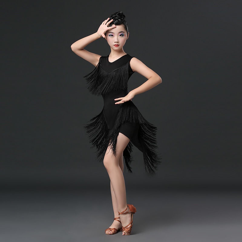 💕Chỗ💕 Trẻ Em Quần Áo Khiêu Vũ Latin Đen Không Tay Tua Cho Bé Gái 3 Đến 15 Tuổi Váy Khiêu Vũ Latin Xinh Xắn Trang Phục Biểu Diễn