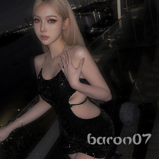 Nữ Dây Xích Kim Loại Dây Cổ Đầm Tỏa Sáng Sequin Không Tay Eo Cutout Mini Váy Ngắn Cho Đảng