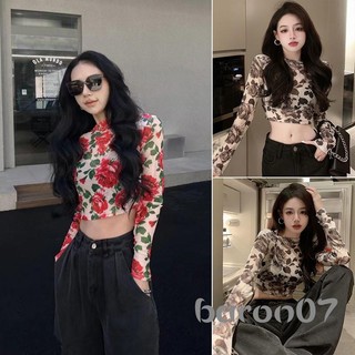 Phụ Nữ Dài Tay Crop Tops In Hoa Mock Cổ Lưới Áo Sơ Mi Mùa Xuân Thu Thường Ngày Slim Fit Áo Thun