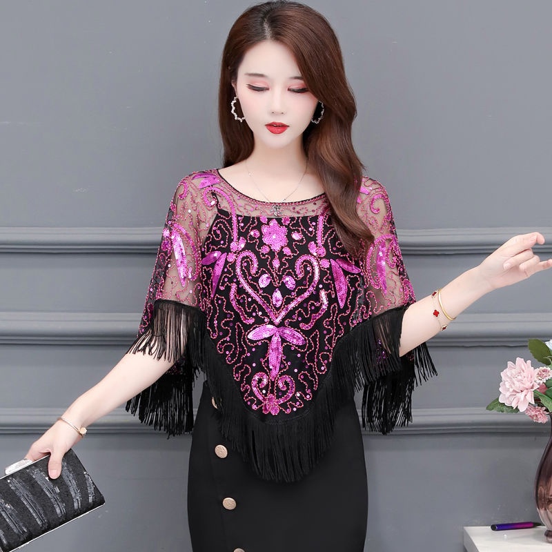 Bộ đầu rộng kích thước lớn dơi áo sơ mi bìa khăn choàng tua rua top ren áo choàng sequin chống nắng thêu váy