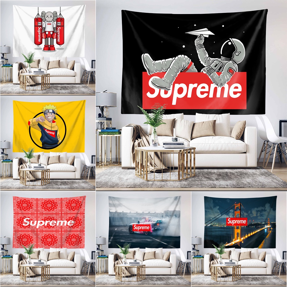 Tấm Thảm Treo Tường Trang Trí Phòng Ngủ Bằng polyester In logo supreme Kèm Kẹp Tiện Dụng