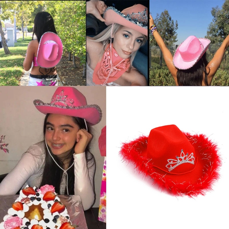 Rhinestone Crown Cowboy Hat Wide Brim Cowgirl Hat Bachelorette Party Headwear