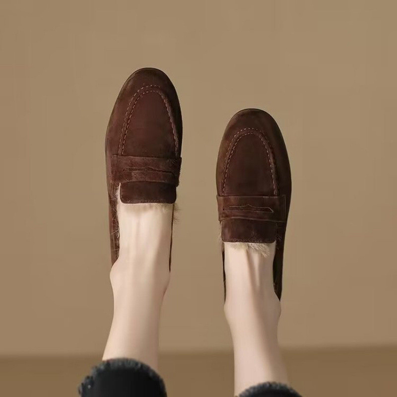 Mùa Xuân Pháp Thu Phong Cách Mới Retro Nữ Giày Mũi Tròn Mờ Da Mềm Slip-On Giày Da Nhỏ Giày Đơn Nữ