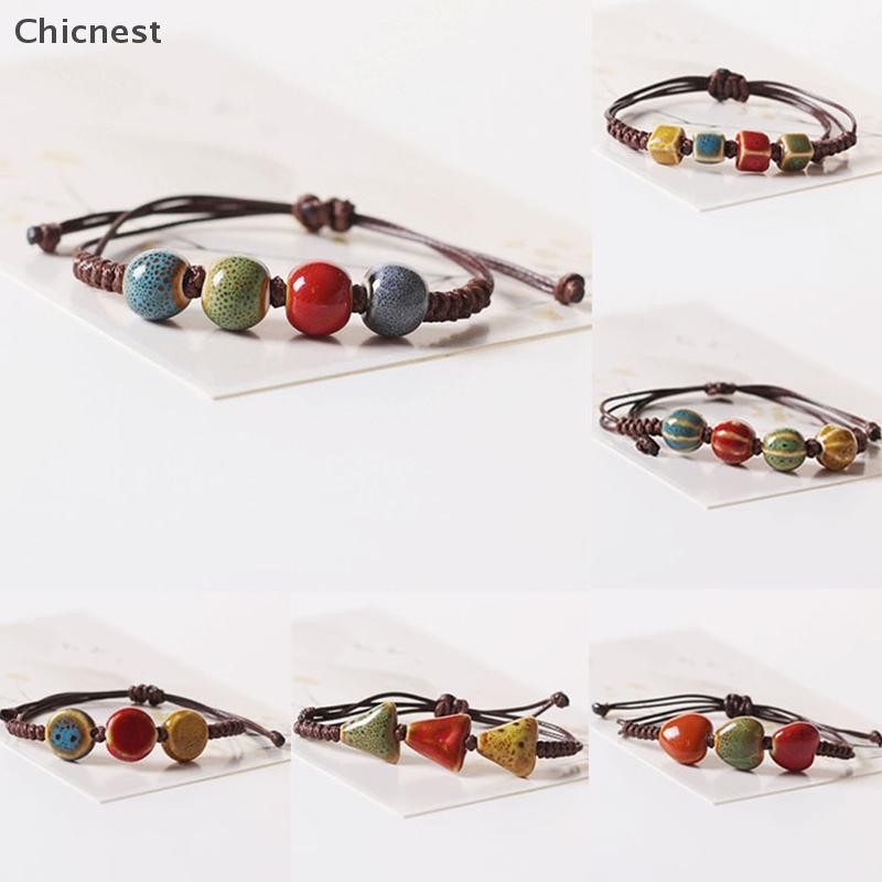 [Chc] Vòng tay thời trang đính cườm gốm thời trang phong cách dân tộc thông thường dành cho nữ Vòng tay có thể điều chỉnh Hạt gốm thủ công Vòng tay dây sáp [VN]