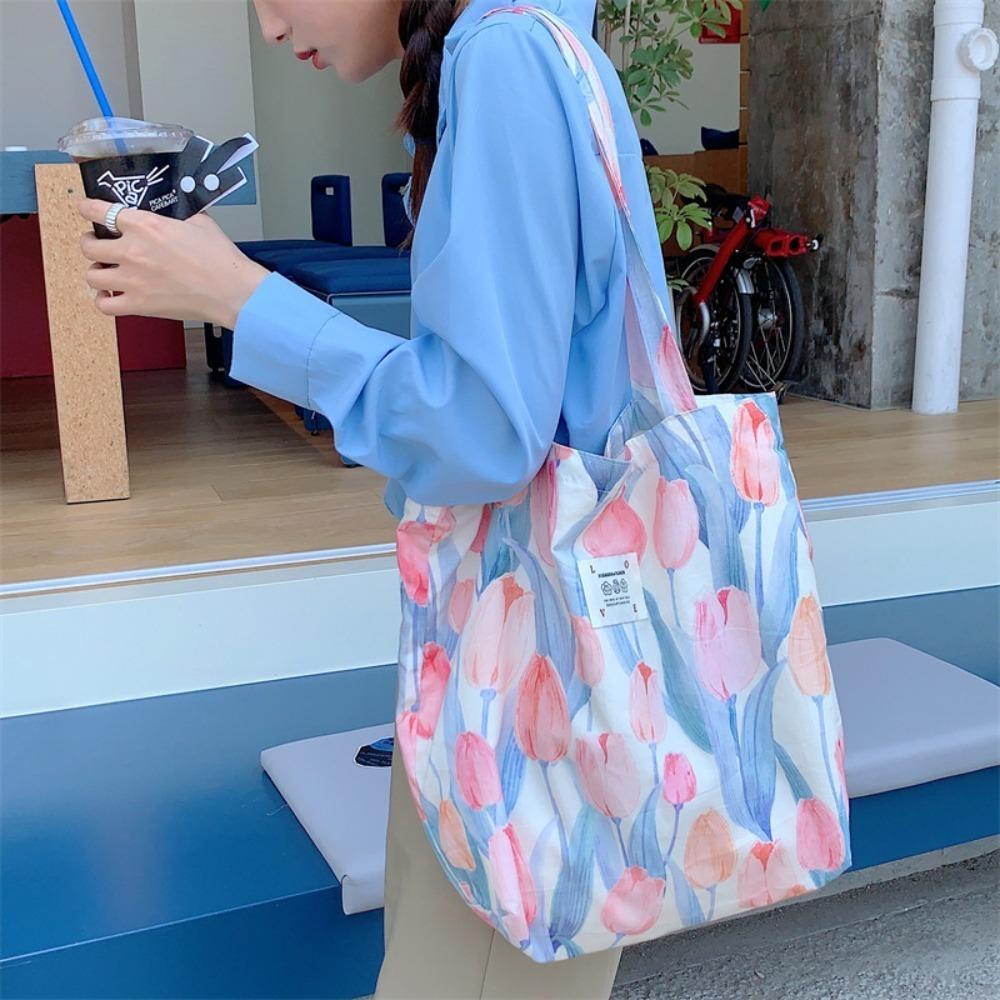 Túi đeo vai hoa cổ điển CHEESELY, vải cotton, dung tích lớn, túi xách/tote/mua sắm dành cho nữ